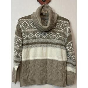 Absolutely Famous Womens Medium Beige Striped Mock Neck Pullover Sweater! A4074